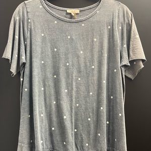 Brand new Easel distressed blue/ white polka dot tee.ruffled hem same material